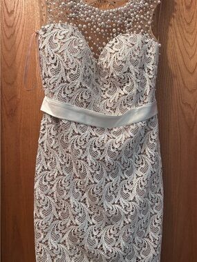Dave & Johnny Ivory Lace Sheath Dress with Pearl Embellished Illusion